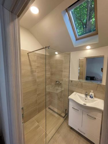 a bathroom with a shower and a sink at Mountain Heart House in Bosanski Petrovac