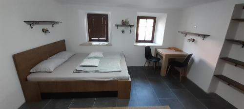 Habitación pequeña con cama y escritorio. en Apartment Slovan, en Škofja Loka