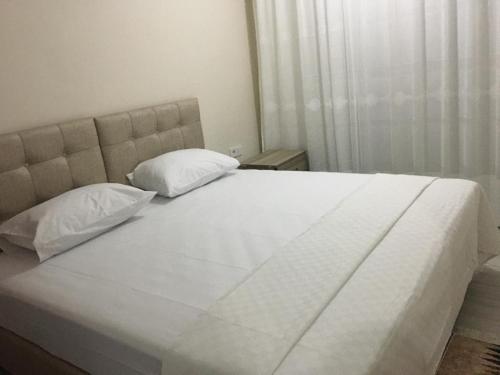 een groot wit bed met 2 kussens erop bij Geyikli Lotus Apart in Canakkale