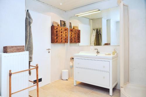 a bathroom with a sink and a mirror at Pfalz-Dorfhaus in Burrweiler