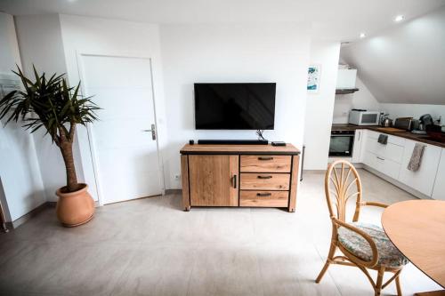 uma sala de estar com televisão num armário de madeira em APPART-DUPLEX VUE MER PANORAMIQUE BALCON & PISCINE proche commerce em Penmarcʼh