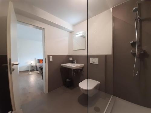 uma casa de banho com um chuveiro, um WC e um lavatório. em Stilvolles Studio im Allgäu em Rettenbach am Auerberg