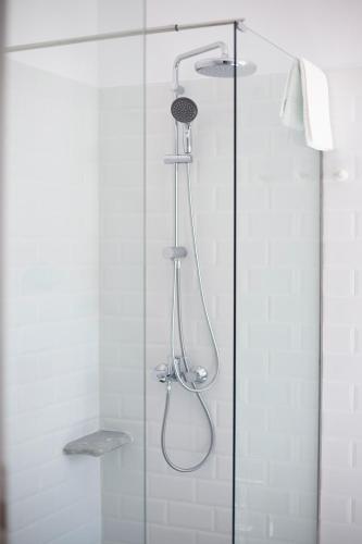 a shower with a shower head and a glass door at Korina's Suites in Andros