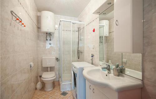 La salle de bains est pourvue de toilettes, d'un lavabo et d'une douche. dans l'établissement Beautiful Apartment In Pula With Kitchen, à Pula