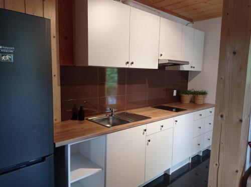 una cocina con armarios blancos y fregadero en apartamentyDvorskie, en Nowy Sącz