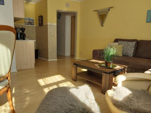 a living room with a couch and a coffee table at Ferienapartmenthaus am Rittertor in Stolberg i. Harz