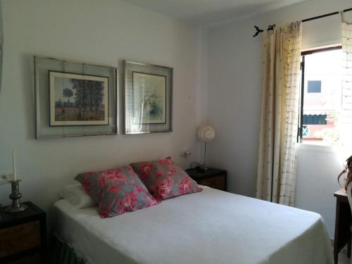 um quarto com uma cama com almofadas vermelhas e uma janela em Islantilla urb Hoyo 12 em Lepe