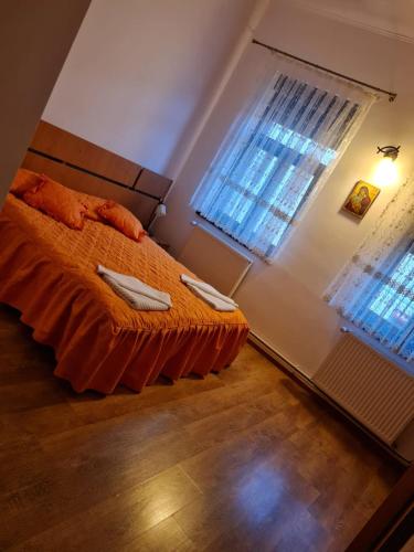 1 dormitorio con 1 cama y 2 ventanas en Apartament La Cetate, en Aiud