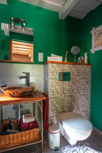 a bathroom with a toilet and a green wall at Bon Villa in Zalaszentgrót