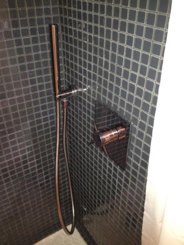 La salle de bains est pourvue d'une douche et d'un mur carrelé bleu. dans l'établissement B&B Petite Maison Le Jardin, à Vaison-la-Romaine