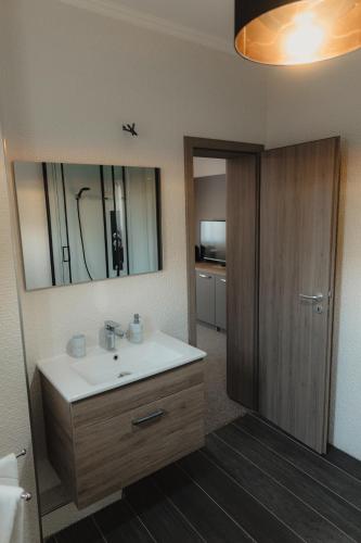 a bathroom with a sink and a mirror at Family Fewo Sibiu in Sibiu