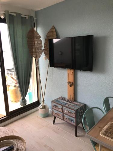 a living room with a flat screen tv on a wall at Ile du Cap Couladère - Vue magnifique lac marin - Baignoire Jaccuzi - Complexe piscine, sportif, animations in Le Barcarès