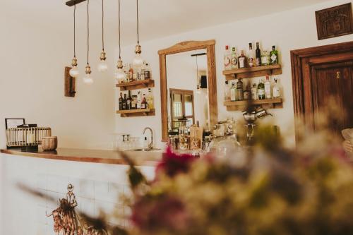 a kitchen with a counter and a mirror and a sink at Hacienda el Tarajal in Priego de Córdoba