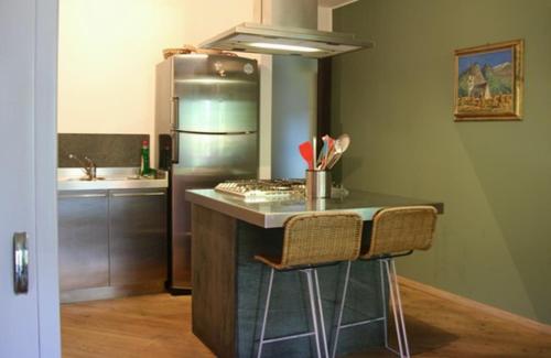 a kitchen with a counter and a refrigerator at Appartamento Castel in Chiesa in Valmalenco