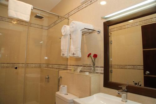 a bathroom with a shower and a toilet and a sink at The Monarch Hotel in Nairobi