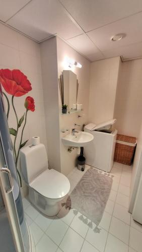 La salle de bains est pourvue de toilettes blanches et d'un lavabo. dans l'établissement Vallikraavi Home, à Tartu
