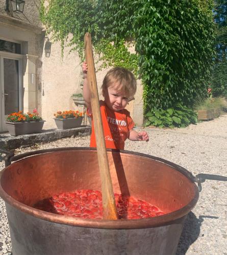 a young boy playing in a large pot of red peppers at Chambres d'hôtes Maison Redon in Tour-de-Faure