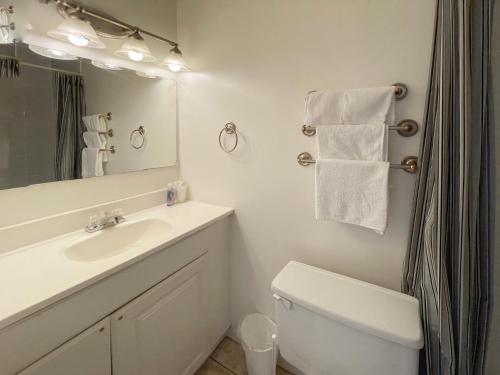 a bathroom with a sink and a toilet and a mirror at Sunny Motel Port Elgin in Port Elgin