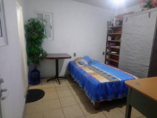 オアハカにあるSuite con entrada independiente en Zona Céntricaのベッドとテーブル付きの小さな部屋