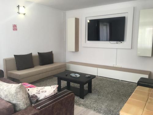 ein Wohnzimmer mit einem Sofa und einem TV in der Unterkunft Casa Julius in Sovata