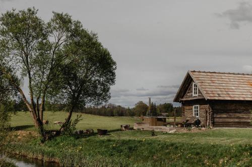 uma velha cabana num campo ao lado de uma árvore em Vienkiemio Oazė - Pasakų namelis em Galvokai