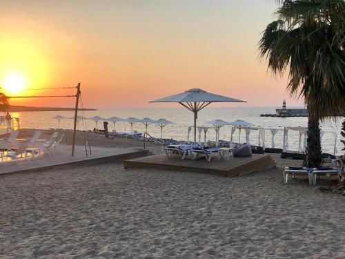 a beach with chairs and umbrellas at sunset at Karpaz Gate Marina Hotel in Ayia Trias