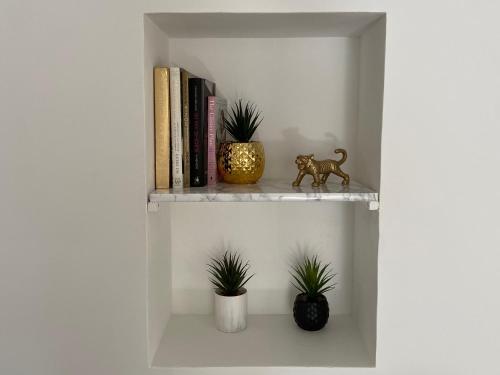 a shelf with books and a lion figurine and plants at La Reinesse in Flayosc
