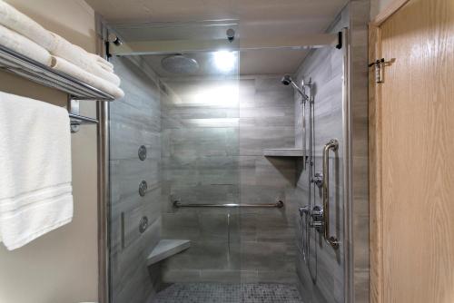 a bathroom with a shower with a glass door at Country House Resort in Sister Bay