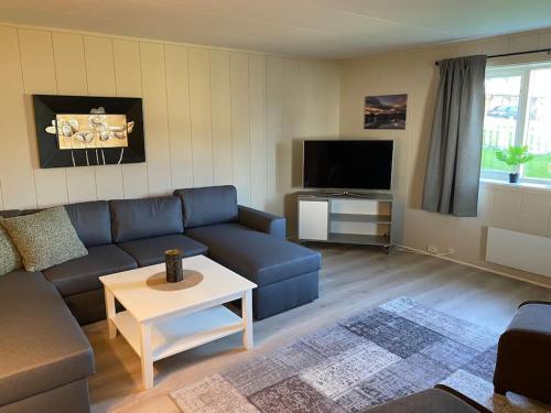 sala de estar con sofá azul y TV en Nøssveien 271, 8488 Nøss Andøy, en Nøss