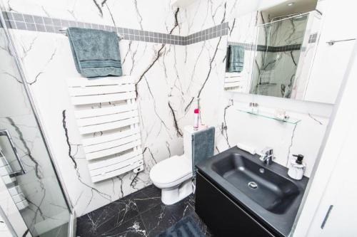 baño con lavabo negro y aseo en Paris City Flat Studio 21 M carrée 103 Grd Paris, en Alfortville