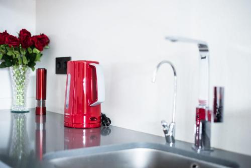 a kitchen counter with a red mixer and red roses at Casita Rosa in Alicante