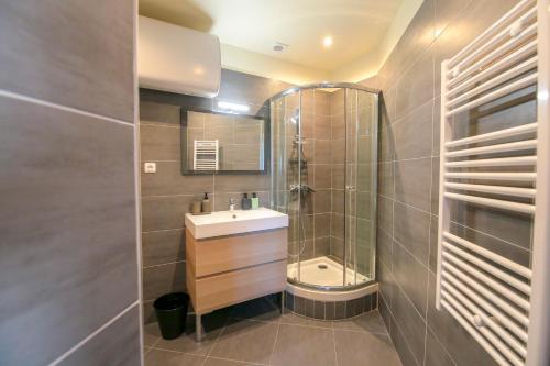 łazienka z umywalką i prysznicem w obiekcie Le Bois, T2 hypercentre chic et cosy, Wifi par SOVALFI w mieście Saint-Étienne