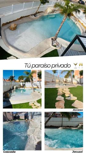 a collage of photos of a pool with a palm tree at Tu Playa paradisiaca PRIVADA in Gran Alacant