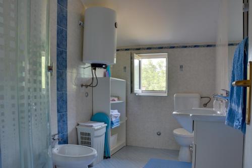 La salle de bains est pourvue d'un lavabo, de toilettes et d'une fenêtre. dans l'établissement Apartments Darko, à Rovinj