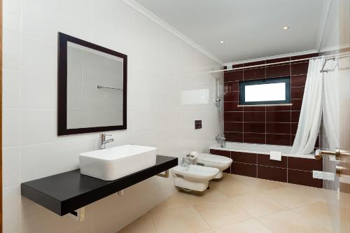 ein Badezimmer mit einem Waschbecken, einem WC und einem Spiegel in der Unterkunft Alvorférias Premium in Alvor