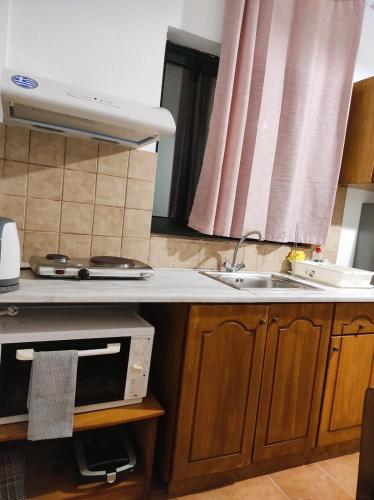 a kitchen with a sink and a microwave at Aris Seaside Issos Beach in Agios Georgios