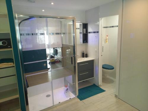 bagno con doccia, lavandino e servizi igienici di Cap d'Agde Villa Naturiste Port Nature 3 a Cap d'Agde
