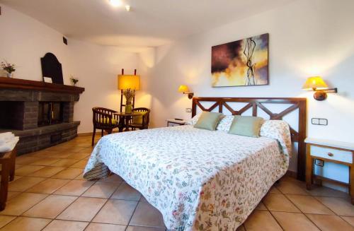 a bedroom with a bed and a fireplace at Hotel Rural LAbadia de Sieste in Sieste