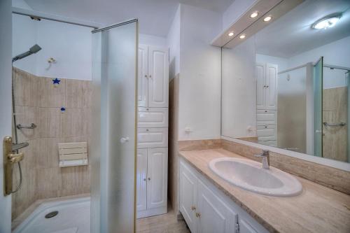 une salle de bain avec un lavabo, une douche et un miroir dans l'établissement Attique Antibois - Piscine - Vue Mer - Parking - Wifi, à Antibes