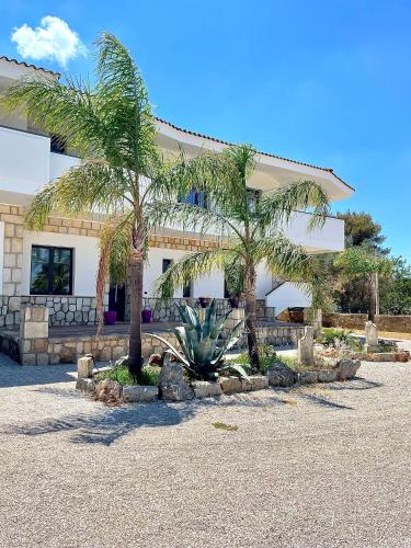 a building with two palm trees in front of it at Elios Rooms in Nardò