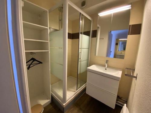 La salle de bains est pourvue d'une douche, d'un lavabo et d'un miroir. dans l'établissement Appartement Brides-les-Bains, 2 pièces, 5 personnes - FR-1-512-137, à Brides-les-Bains