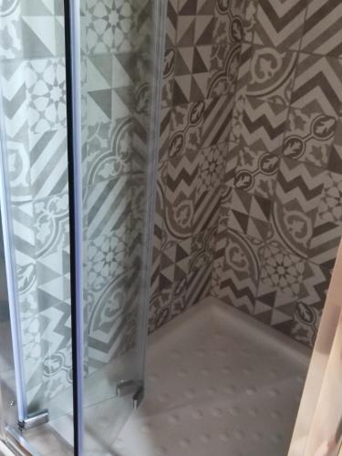 a shower with a glass door with patterns on the wall at Baita la Gioiosa in Livemmo