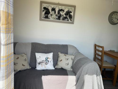 a gray couch with pillows on it in a living room at Mallard s Retreat in Blandford Forum