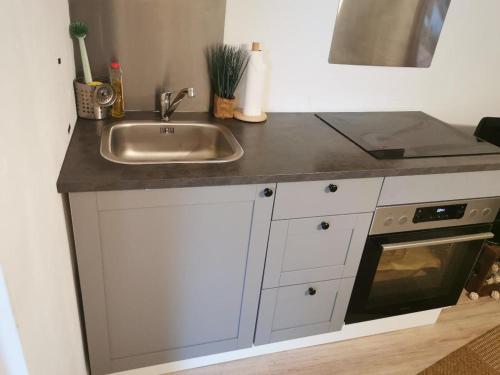 a kitchen with a sink and a stove at Monteurzimmer am Teisenberg in Neukirchen am Teisenberg