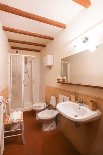 a bathroom with a sink and a toilet and a mirror at Locanda Del Viandante B&B in Anghiari