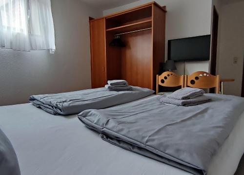two twin beds in a room with a tv at Zwehrener Hof in Kassel