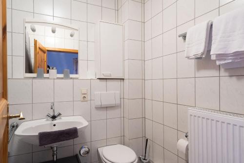 a white bathroom with a sink and a toilet at Ferienhof Homann Sauerland in Brilon