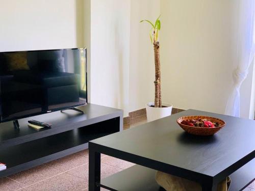 a living room with a coffee table and a tv at Sónia&Irene Apartments in Setúbal