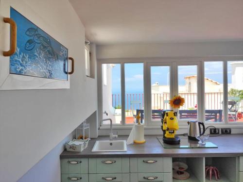 a kitchen with a counter with a sink and windows at R&D Rest and Dream Capri in Anacapri