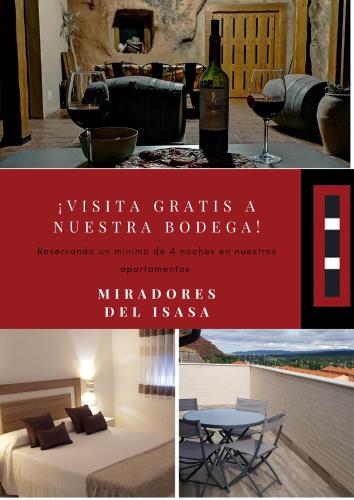 a collage of two pictures of a living room with a bed and a table at Apartamentos Miradores del Isasa in Herce